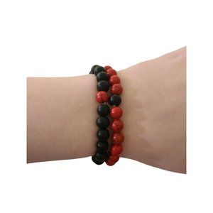 Red and Black Stone Elastic Bracelet Set Unisex Men Women